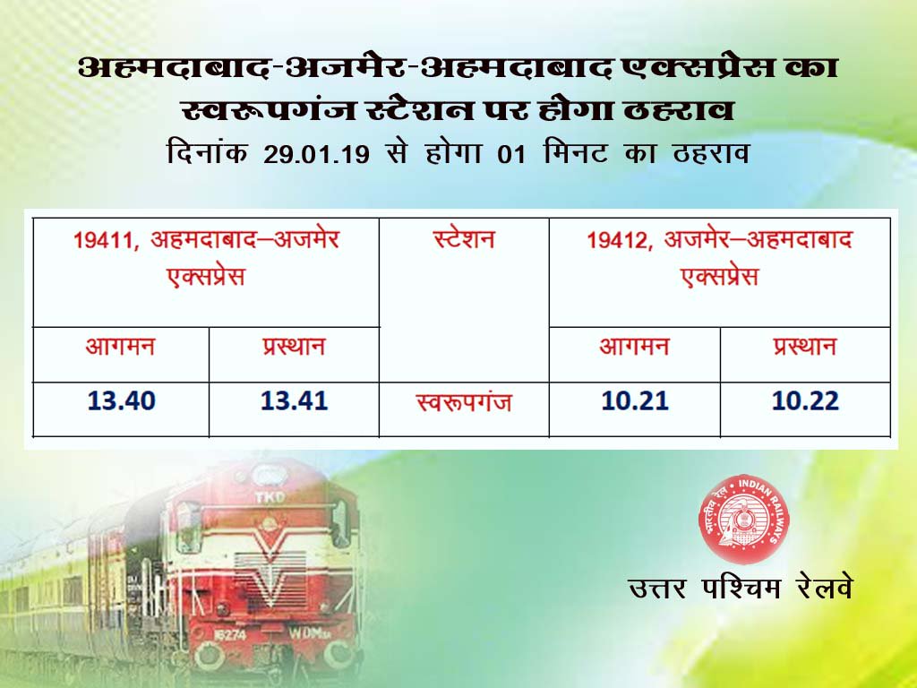 अमदावाद-अजमेर एक्सप्रेस का स्वरूपगंज स्टेशन पर होगा ठहराव